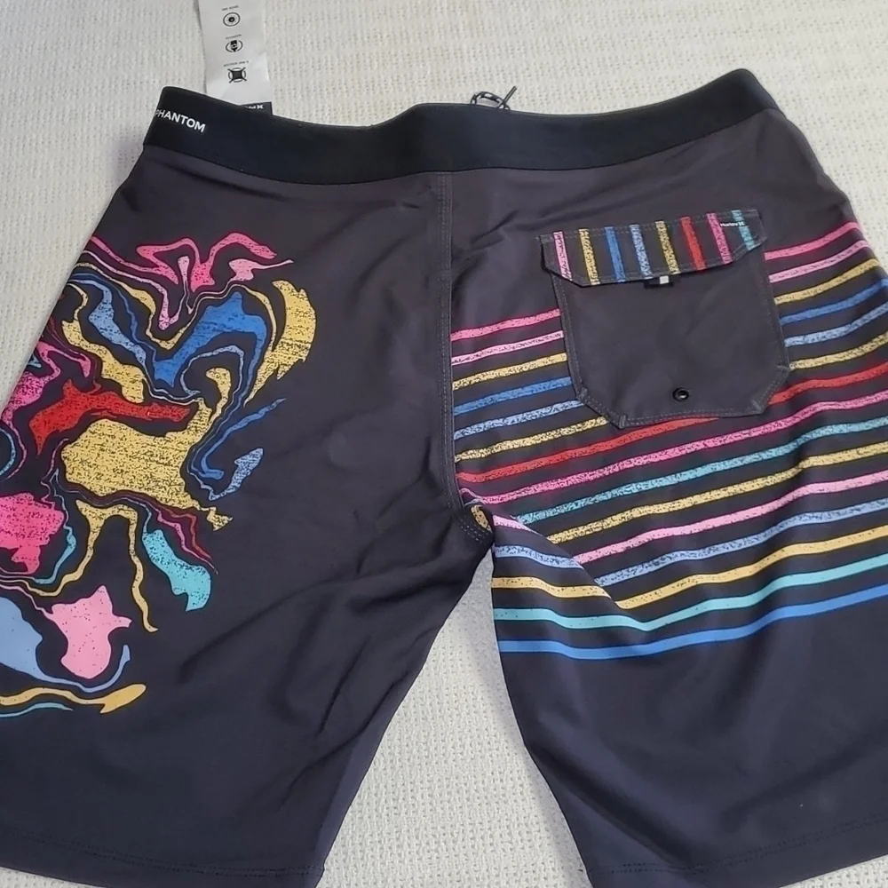 Hurley Phantom Embroidered Rainbow Cinched‎ Black Sz. 31 Board Shorts w Pocket